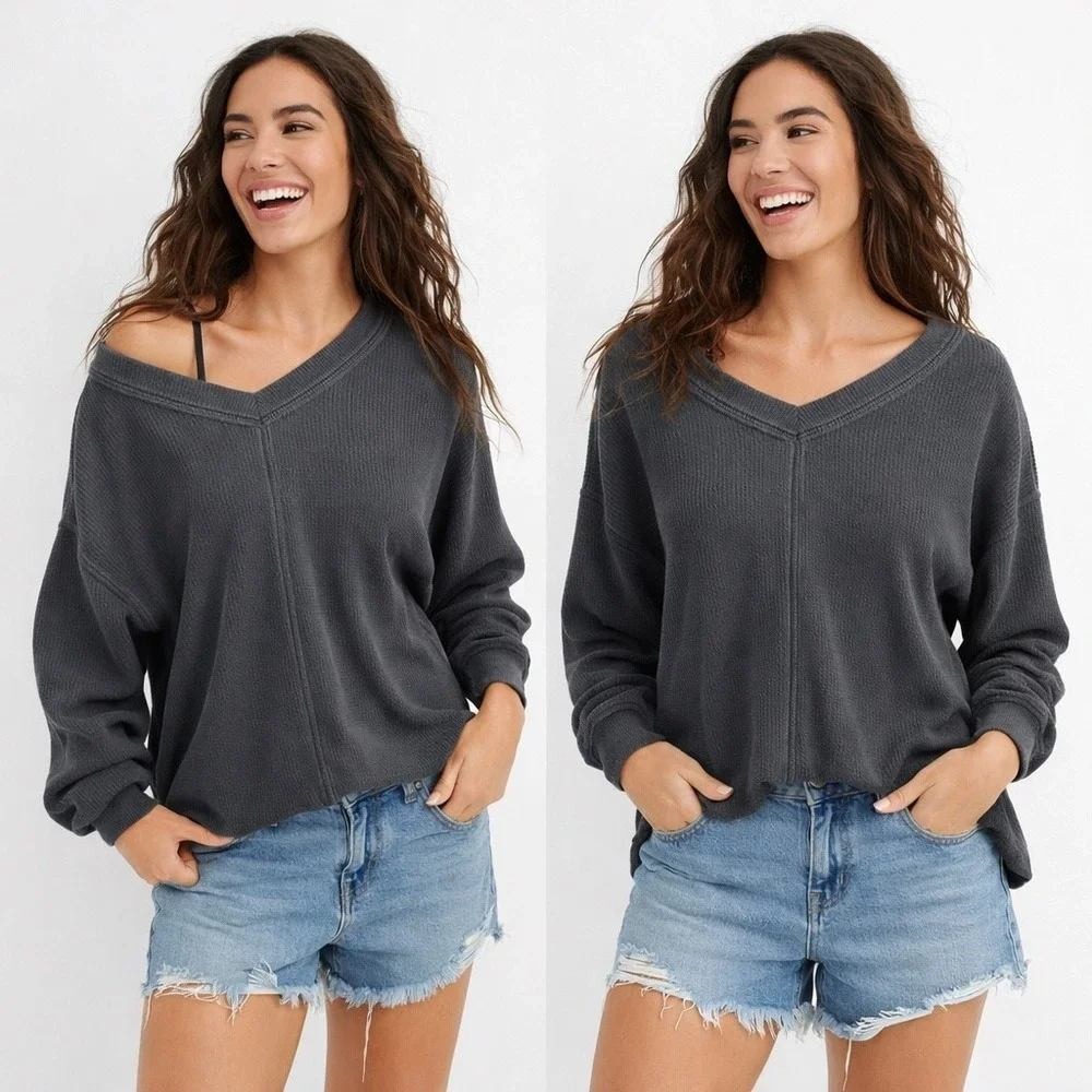 Aerie Womens Charcoal Gray Ribbed Oversized V-Neck Sweater Size S P Slouchy Knit